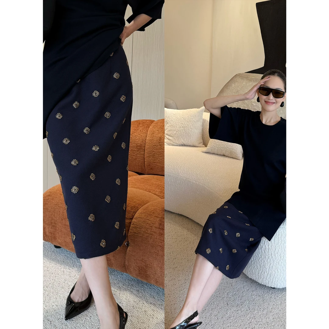 紫紫  暮色蓝裙 绵羊毛匠人系列中古钉珠后开衩重磅裙ZD09BZHJ222