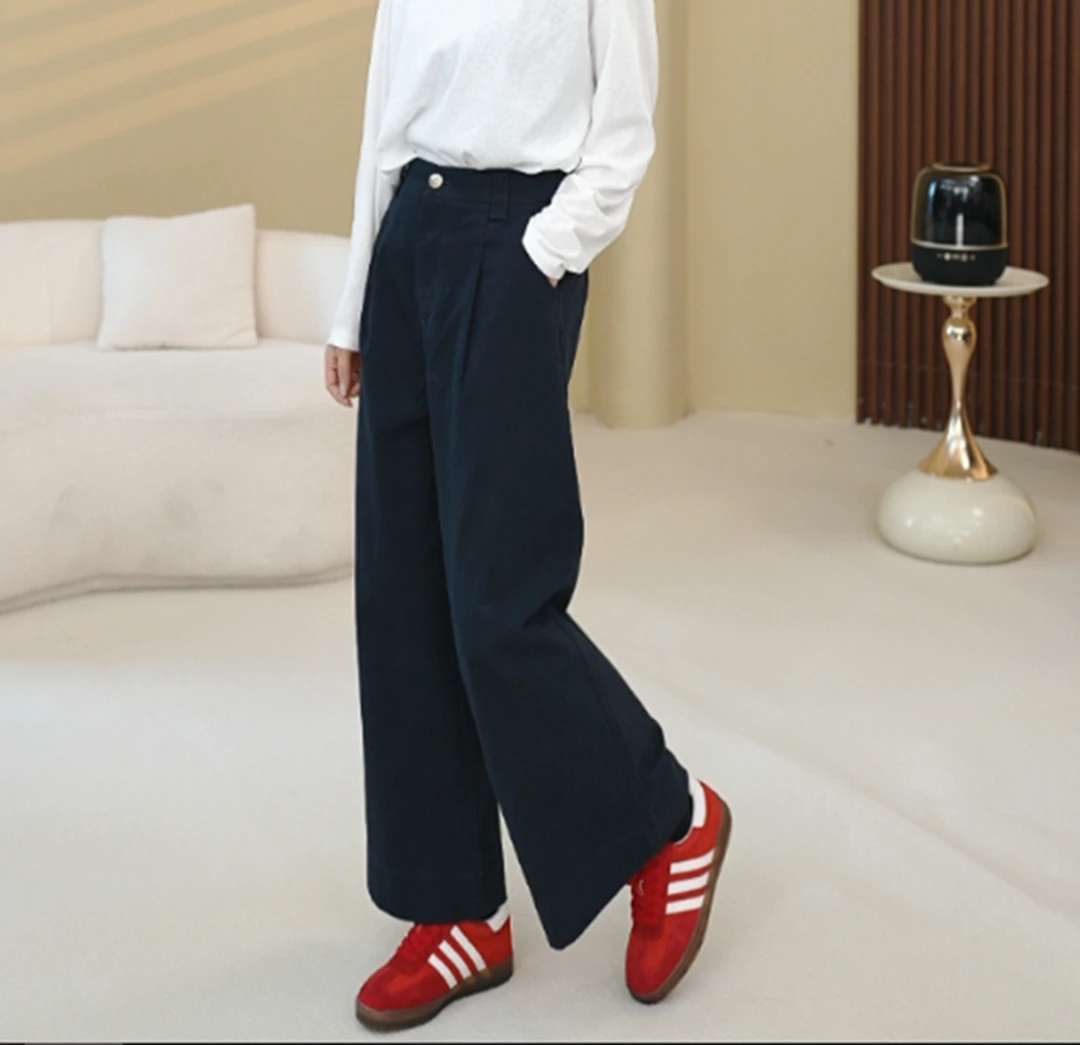 北桔2025春秋新款藏青色时尚百搭高腰显瘦垂感休闲九分阔腿裤7725