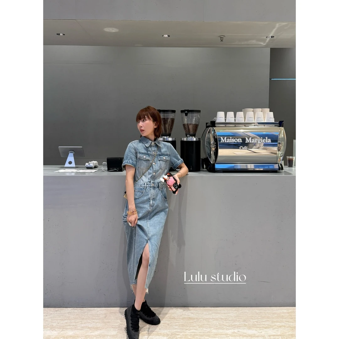 【LULU】海盐天空牛仔短袖连衣裙新款韩系设计翻领长裙  SSL10797