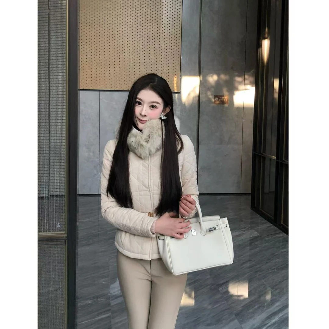 【莉萍服饰】高级感短款杏色收腰菱格夹棉小香风保暖夹棉外套女冬季