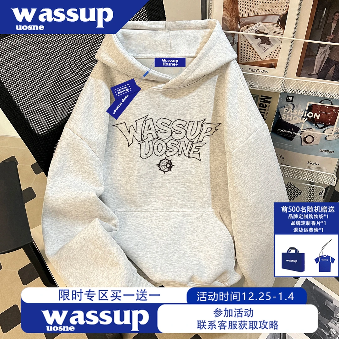 WASSUP UOSNE潮牌男生秋冬加绒连帽卫衣美式vintage复古重磅上衣