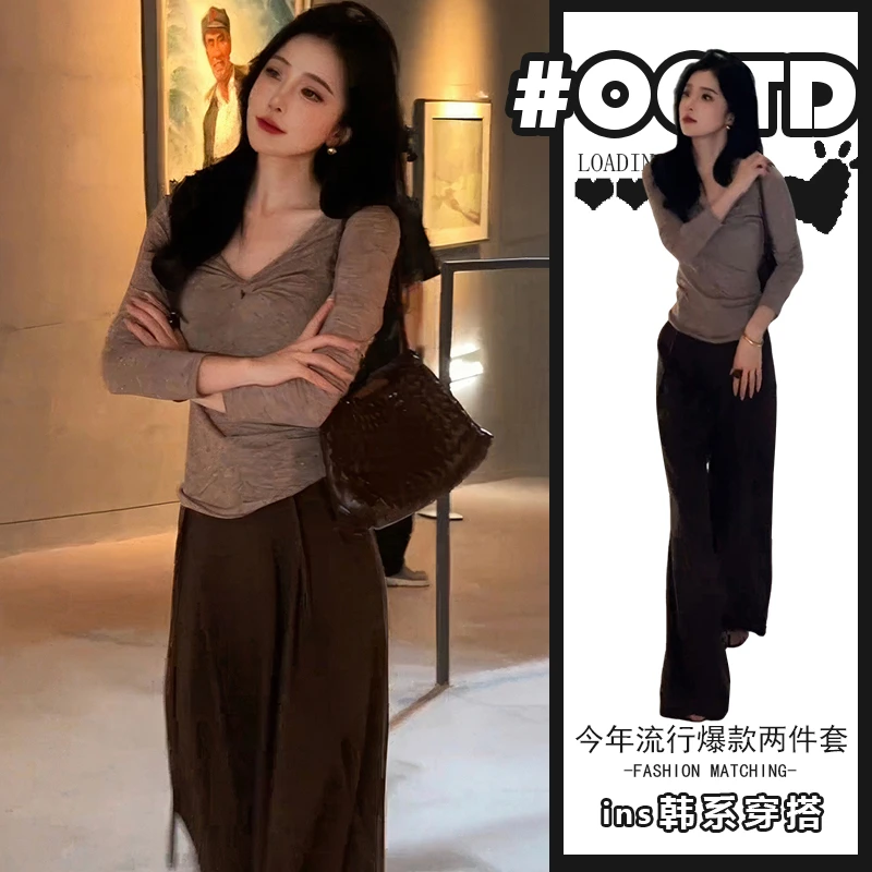 网红炸街套装春秋季气质优雅设计感长袖上衣女神范裤子两件套