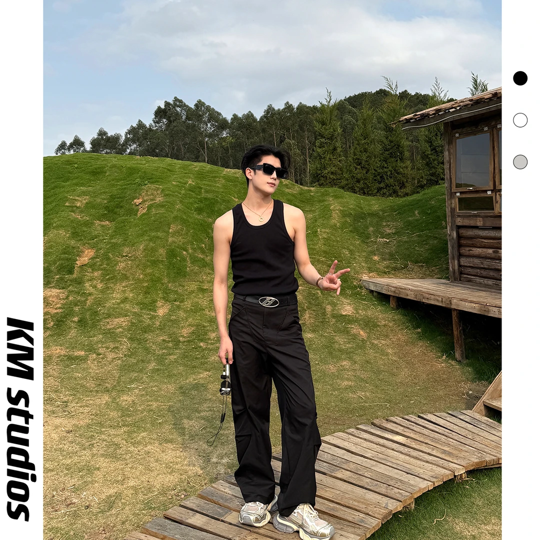 KM studios 奢品440克重磅螺纹背心纯色圆领纹理休闲男女弹力坎肩