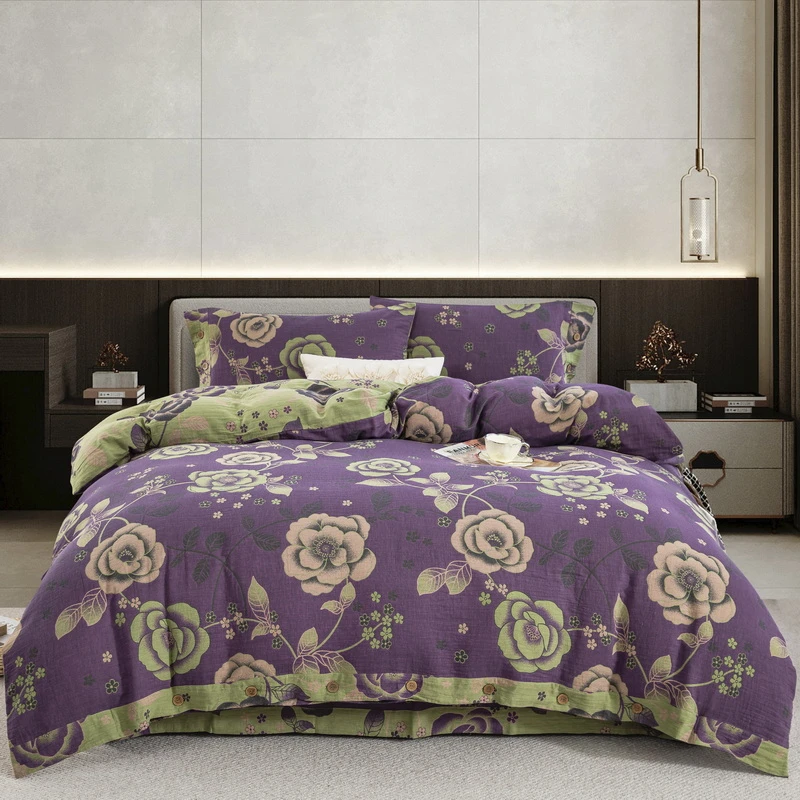 良品绘【幸福花开-紫】紫色四件套双纱双层纱A类母婴级加厚轻奢