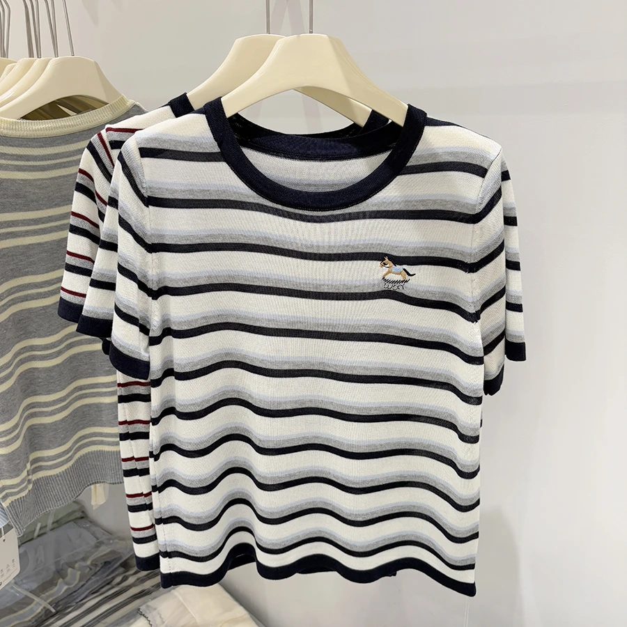 5585#大码卡通刺绣条纹针织衫短袖T恤新款冰丝薄款宽松显瘦上衣