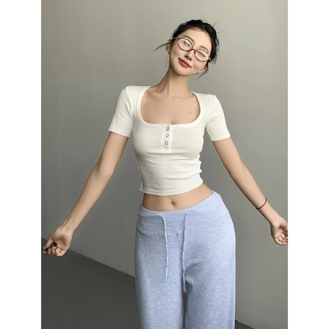 欧美风性感辣妹大方领三粒扣纯色短袖上衣女春夏螺纹修身显瘦T恤