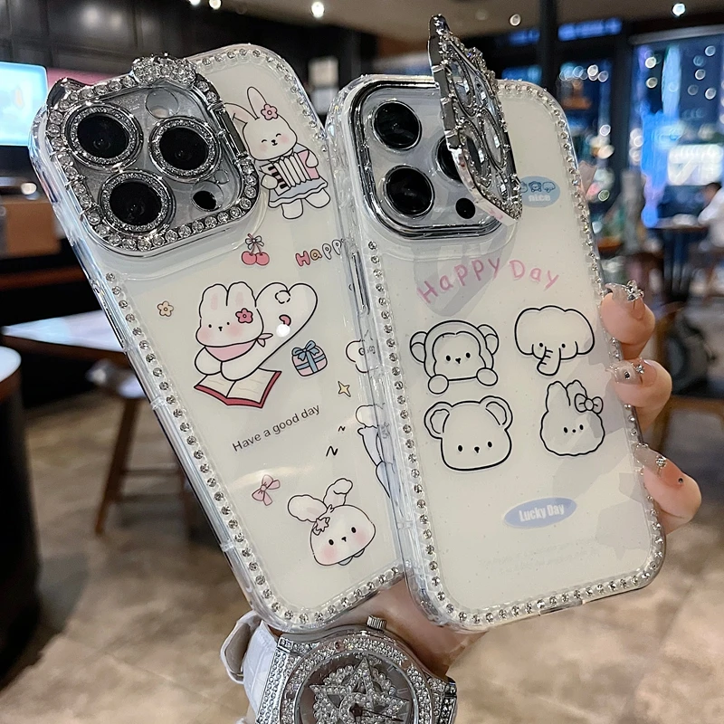 适用苹果系列iPhone16新款手机壳看书小兔猫咪一体支架钻框镜头膜