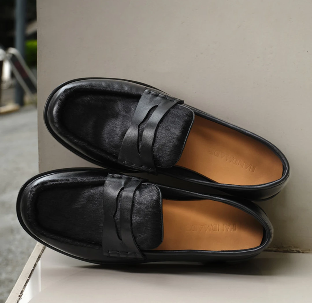 英伦风黑色一脚蹬乐福鞋女单鞋2025秋季新款真皮马毛平底小皮鞋