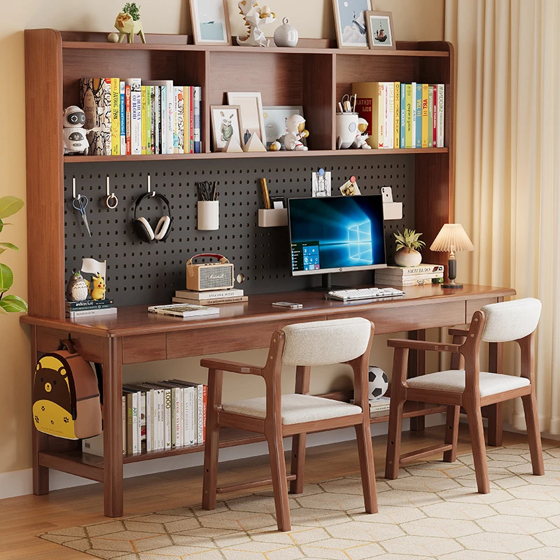 新款洞洞板双人加厚直角实木书桌储藏写字台升降调节实木学习桌椅