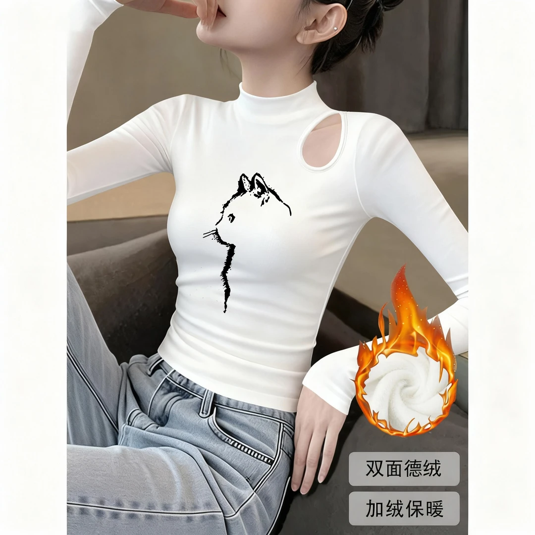 白色镂空半高领德绒打底衫女款秋冬内搭猫咪印花修身磨毛长袖上衣