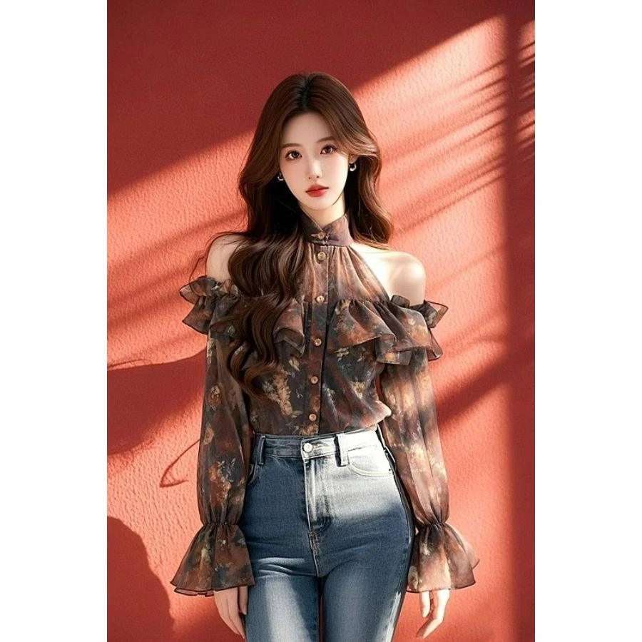 爆款咖色印花雪纺衬衫2025早春女超好看独特漂亮减龄露肩上衣
