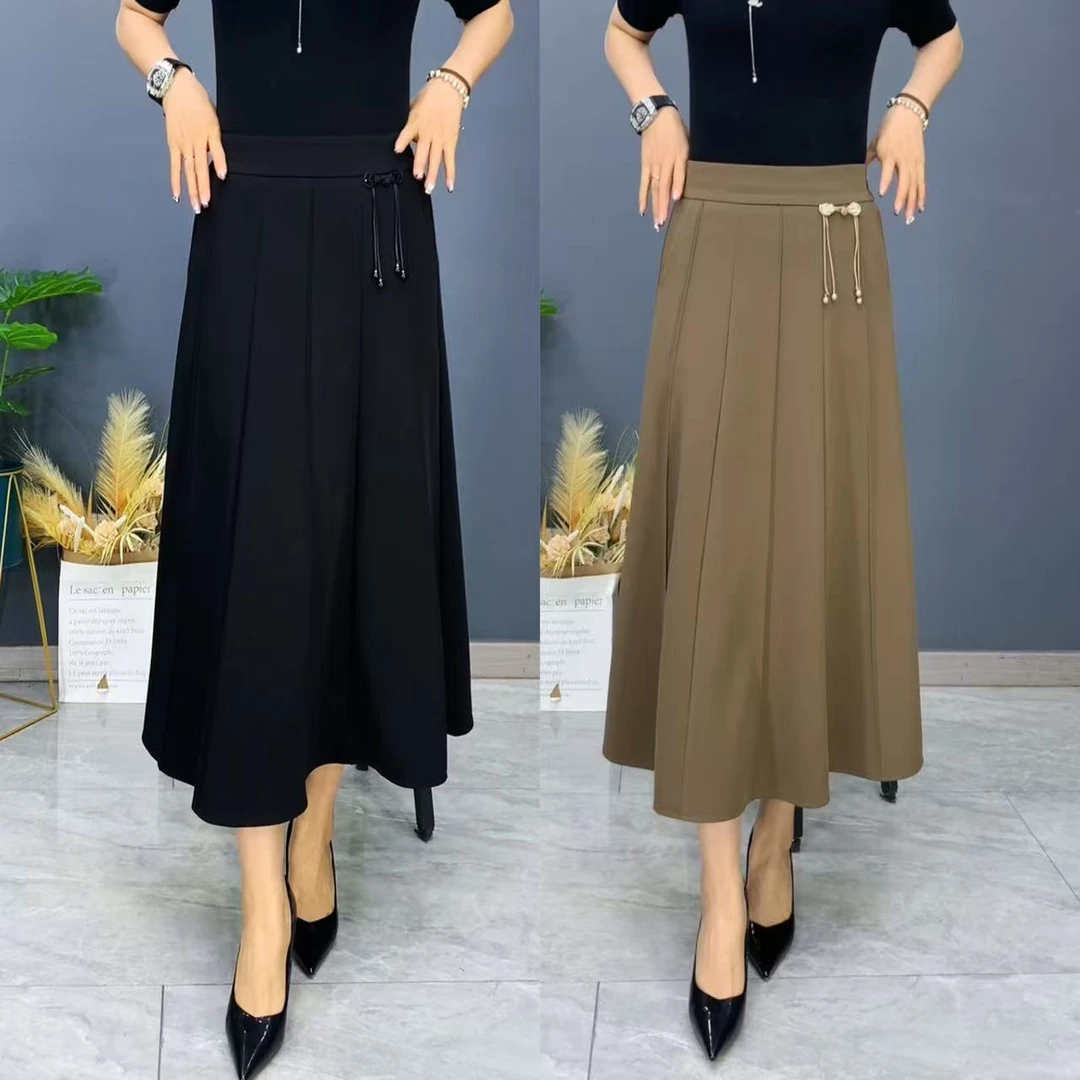 2025女士春季新款盘扣装饰垂感显瘦半身裙高腰百搭时尚气质长裙