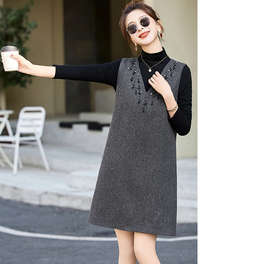 11.21早预告款冬季新款钉珠装饰亮丝背心裙打底衫套装 NN-LT9732