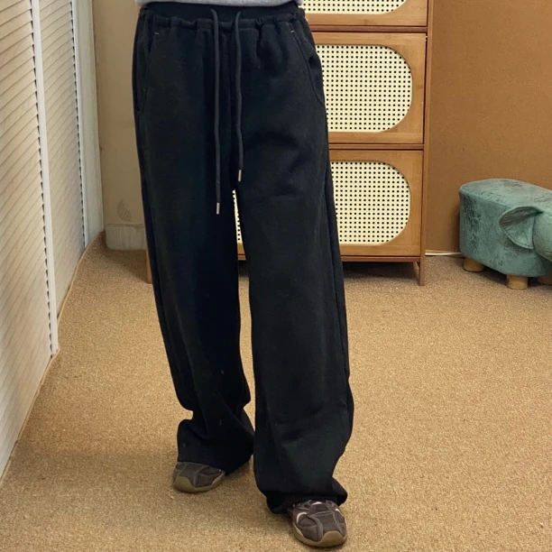 冬季新款高腰显瘦休闲直筒阔腿裤女宽松弯刀裤直筒加厚加绒裤