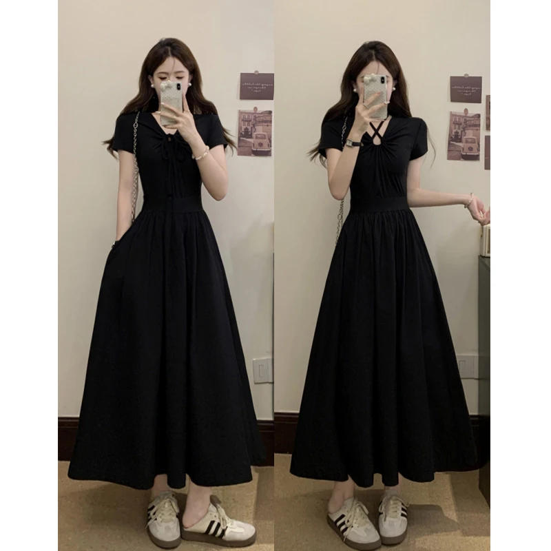 大码收腰显瘦连衣裙百搭高级感两穿V领短袖拼接中长款设计感长裙