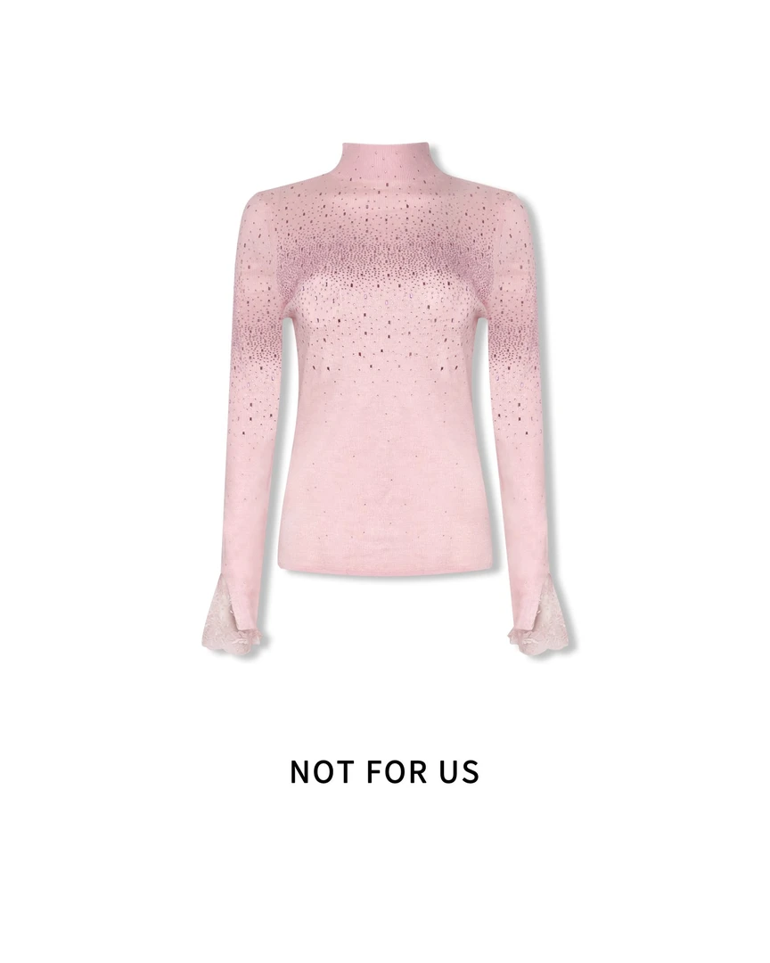 NOT FOR US粉色/白色/黑色烫钻蕾丝边开叉袖针织上衣