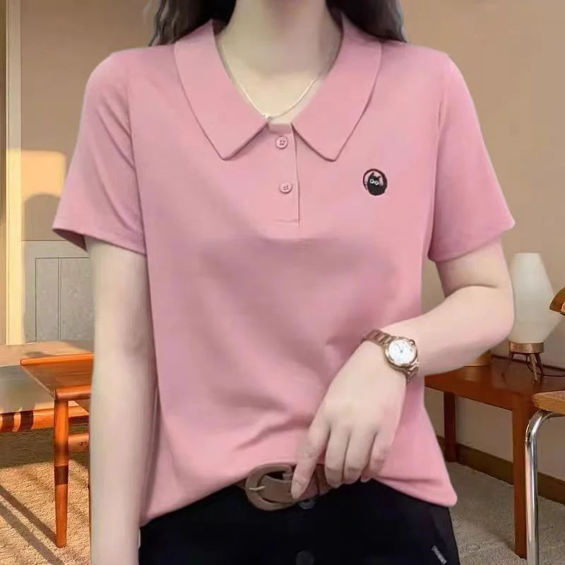 9607-夏季新款时尚休闲翻领短袖简约百搭显瘦POLO衫女（C仓）