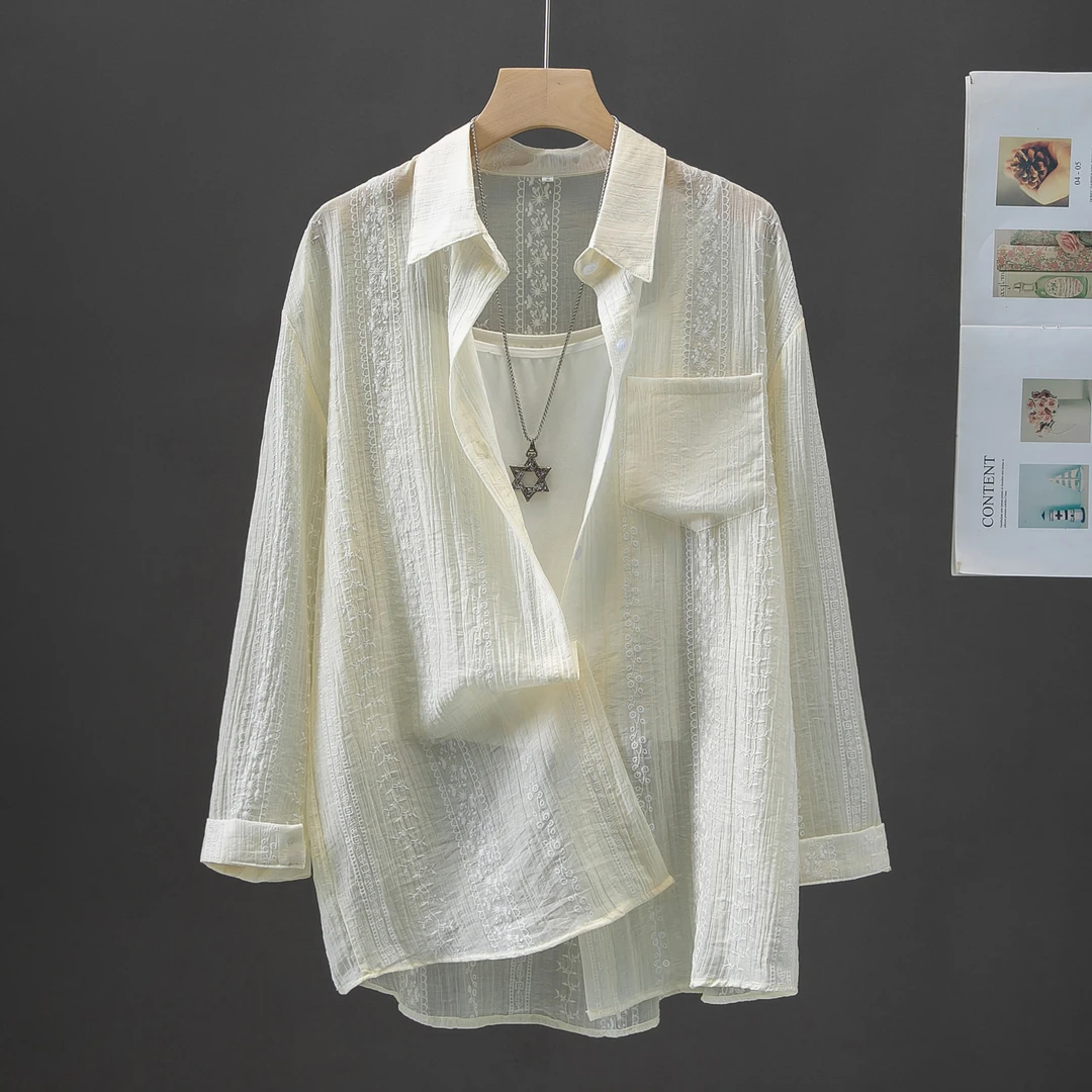 【钩花防晒衬衫】紧致女人显瘦前短后长遮跨肉长款百搭薄款防晒衬衫