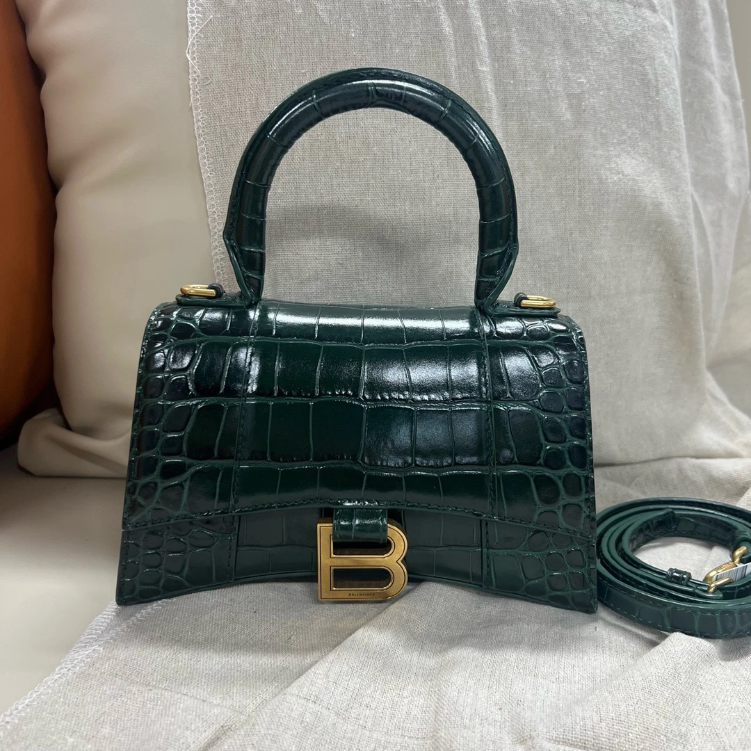 95新 Balenciaga/巴黎世家 Hourglass xs 沙漏包 绿金 鳄鱼压纹