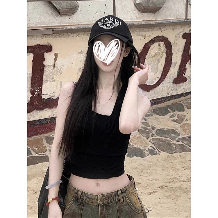 YIDENG美式辣妹露背挂脖背心吊带女外穿2025夏季新款黑色修身绑带