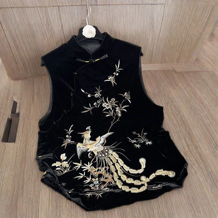 显瘦复古唐装中式中国风无袖女装上衣气质时尚金丝绒马夹黑色宽松