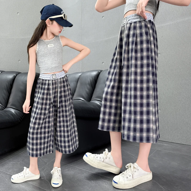 女童格子裤夏季薄款2025新款夏装儿童中裤七分裤大童阔腿休闲裤子