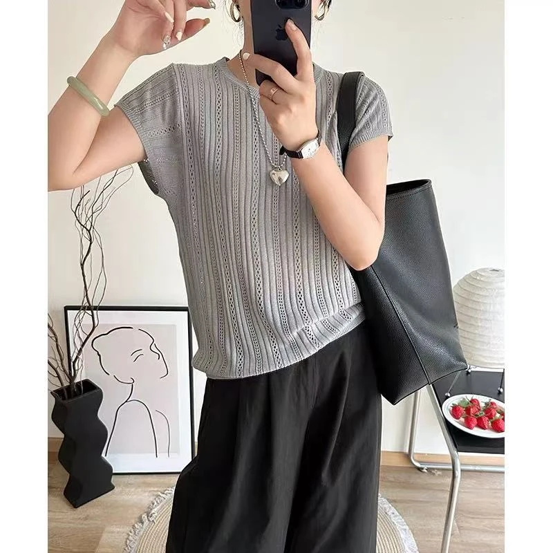 宽松毛针织衫夏季短袖纯色时尚圆领修身套头款薄款6649