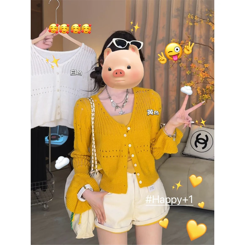 黄色镂空长袖针织开衫外套女2025早春新款薄款外搭设计感飘带上衣
