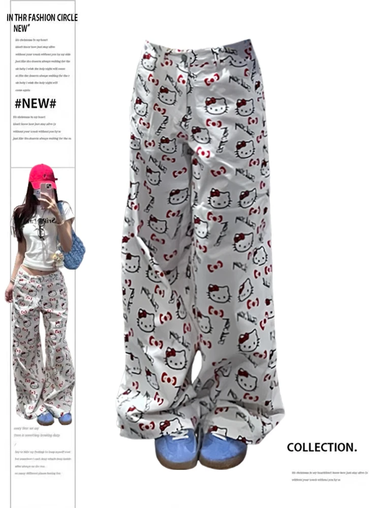 大码美式卡通Kitty猫印花白色牛仔裤女夏季街头宽松百搭阔腿裤子