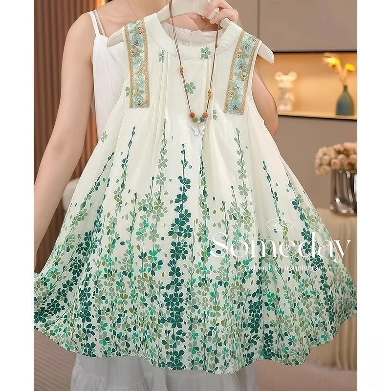 女童连衣裙夏季2025新款碎花无袖背心刺绣公主裙度假风超薄沙滩裙