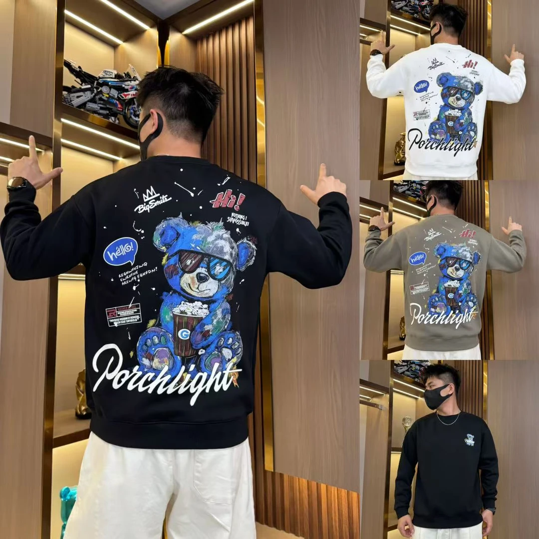 秋季2025年新款圆领男士发泡印花卡通图案长袖套头卫衣潮流时尚