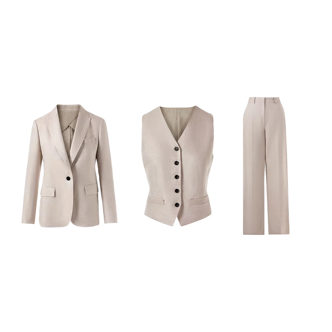 【朗】气质老钱新款2025亚麻西装西裤马甲三件套女-LZ98W003