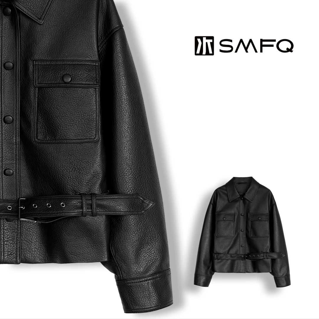 水木夫妻” 英吉利“进口绵羊皮荔枝纹 腰带款百搭皮衣