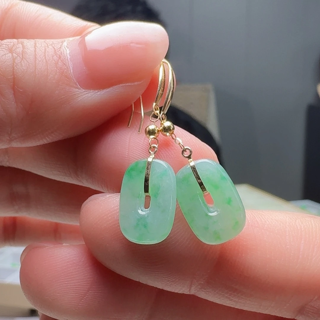 翡翠18K金镶嵌耳饰天然