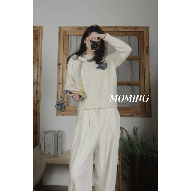 MOMING冬季新品 夜猫 韩系设计师款小猫刺绣加厚卷边圆领套头毛衣