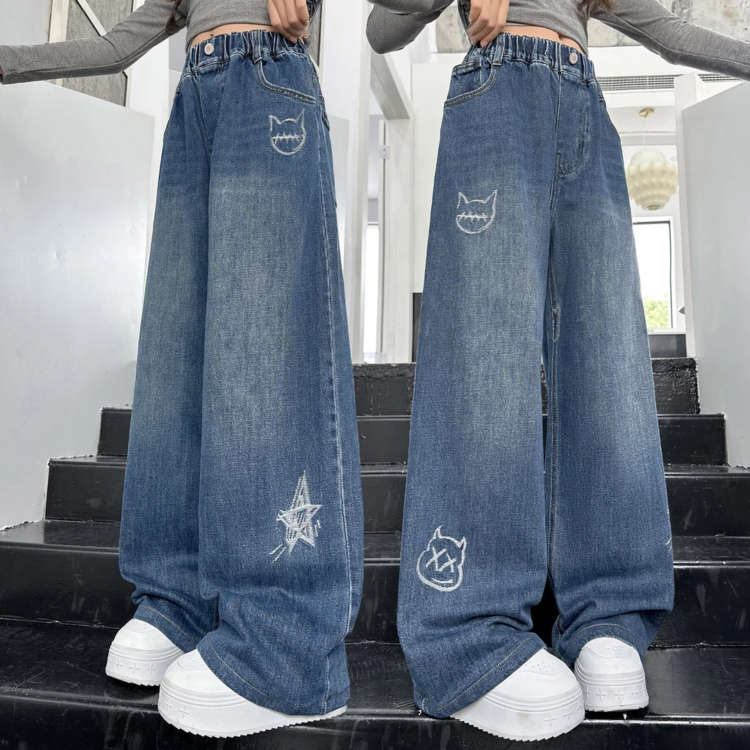 女童秋季刺绣牛仔直筒裤2025女大童新款韩版休闲牛仔裤女孩洋气潮