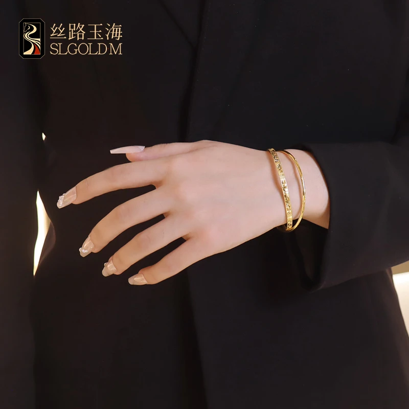 丝路玉海福字碎冰冰手镯足金999时尚时尚复古百搭素圈