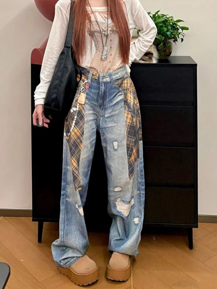 美式复古3D打印格子衬衫牛仔裤子女辣妹街头设计感潮流个性拖地裤