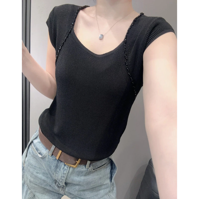 低领露锁骨冰丝针织衫短袖女欧货时尚钉珠修身黑色大领口上衣夏天