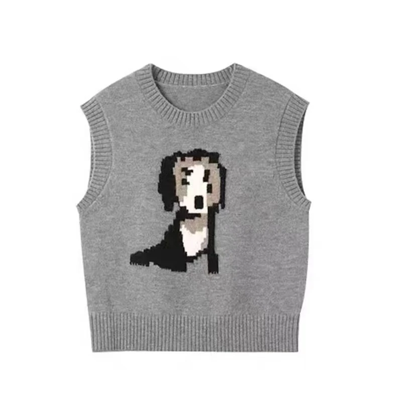 秋冬小狗提花灰色针织上衣马甲女时尚设计感无袖坎肩毛衣背心
