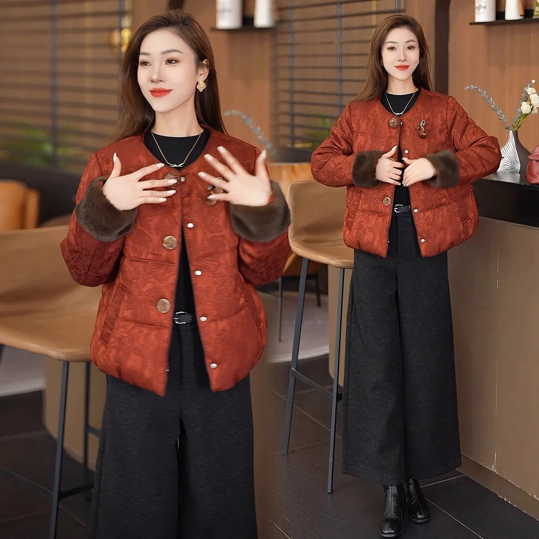 新中式国风短款棉衣外套女2025冬季新款宽松加厚保暖提花棉袄棉服