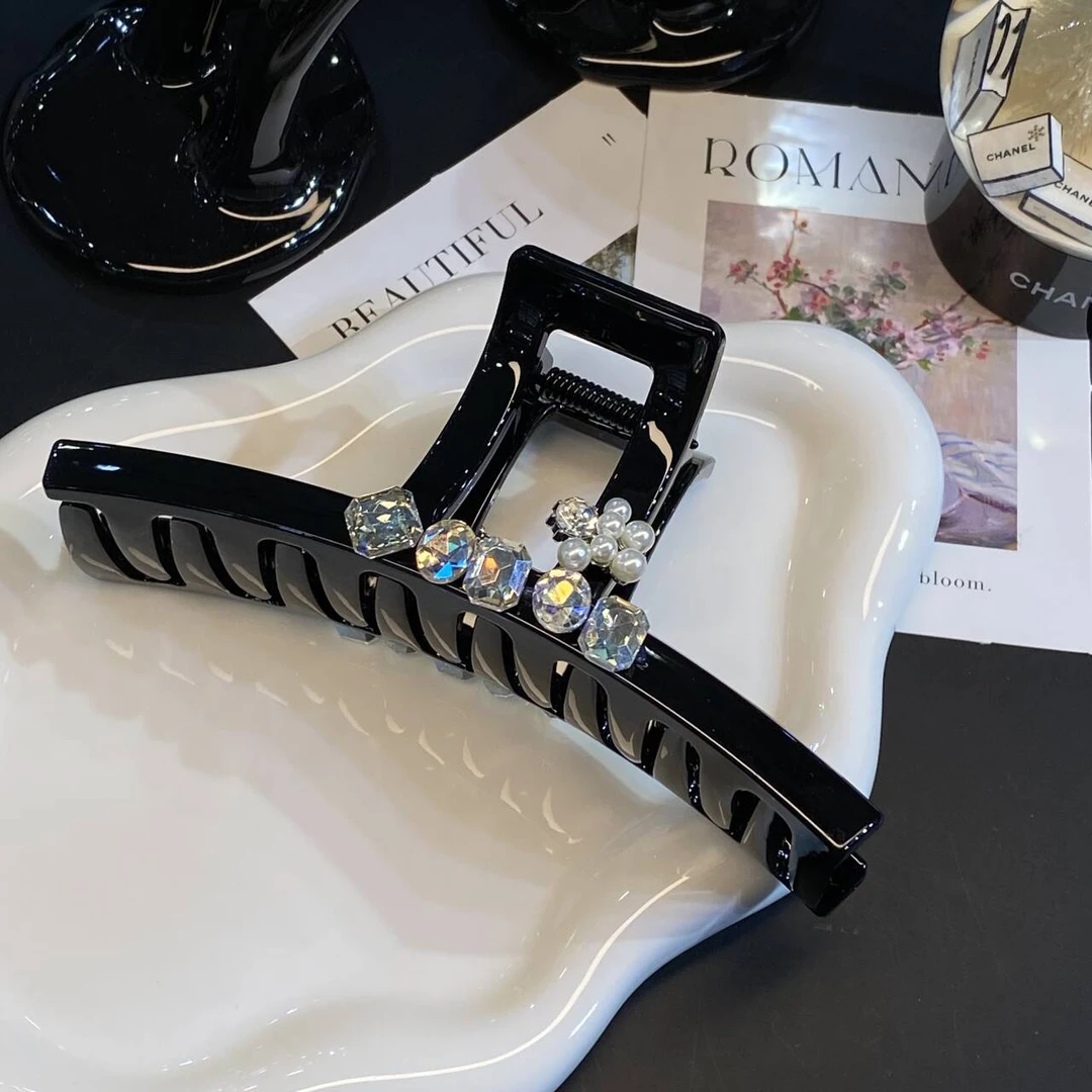 0299 13公分珠花拼钻抓夹黑色