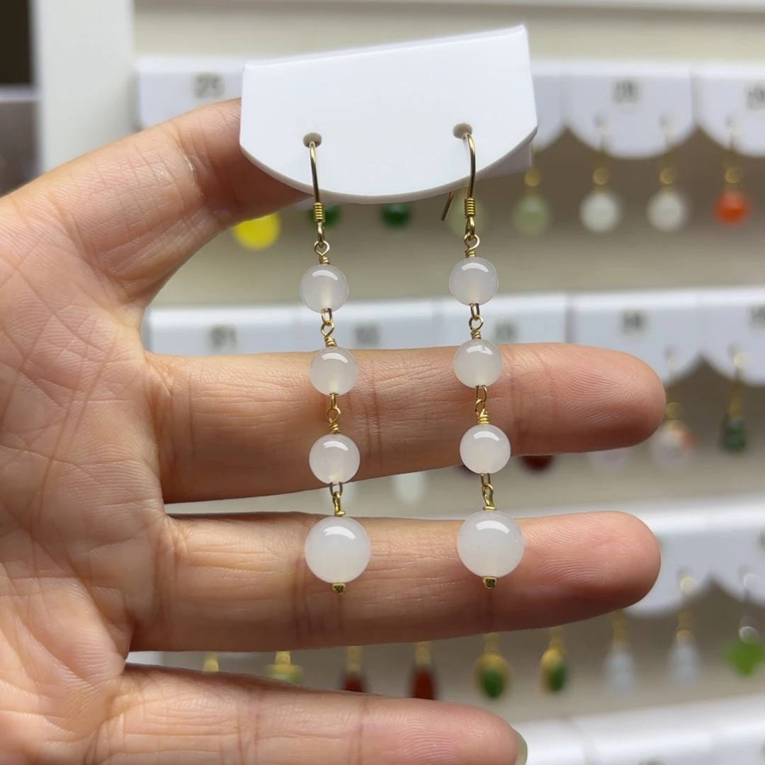 银S925镶嵌石英质玉（金丝玉）耳饰