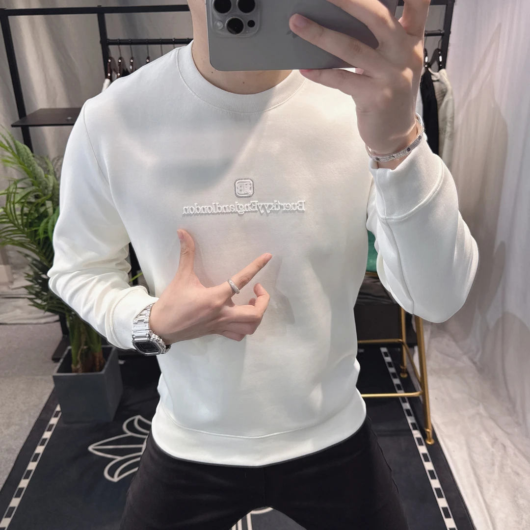 梦泡时尚简约圆领套头白色卫衣男士2025秋18男款男士加绒开衫卫衣