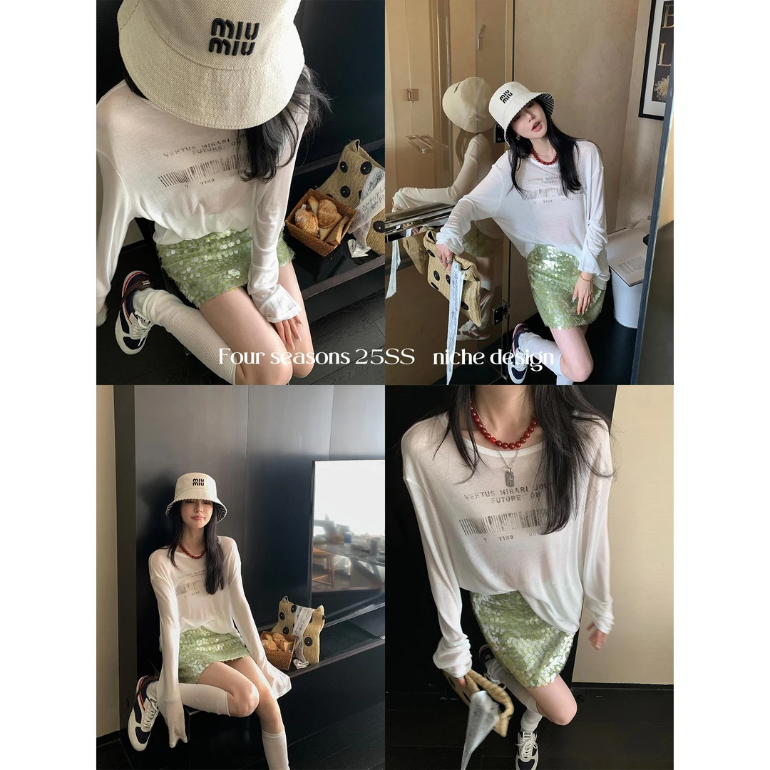 区区欧阳 莱赛尔天丝印花T恤女夏季薄款透气宽松圆领长袖防晒上衣