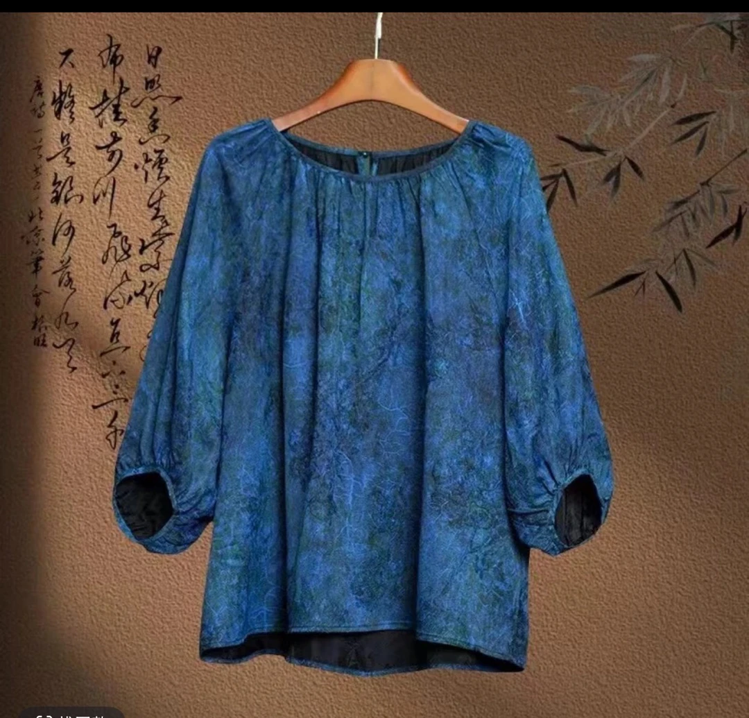 【颂】蓝宝石国风复古灯笼袖桑蚕丝气质宽松蓝色圆领上衣Ms1