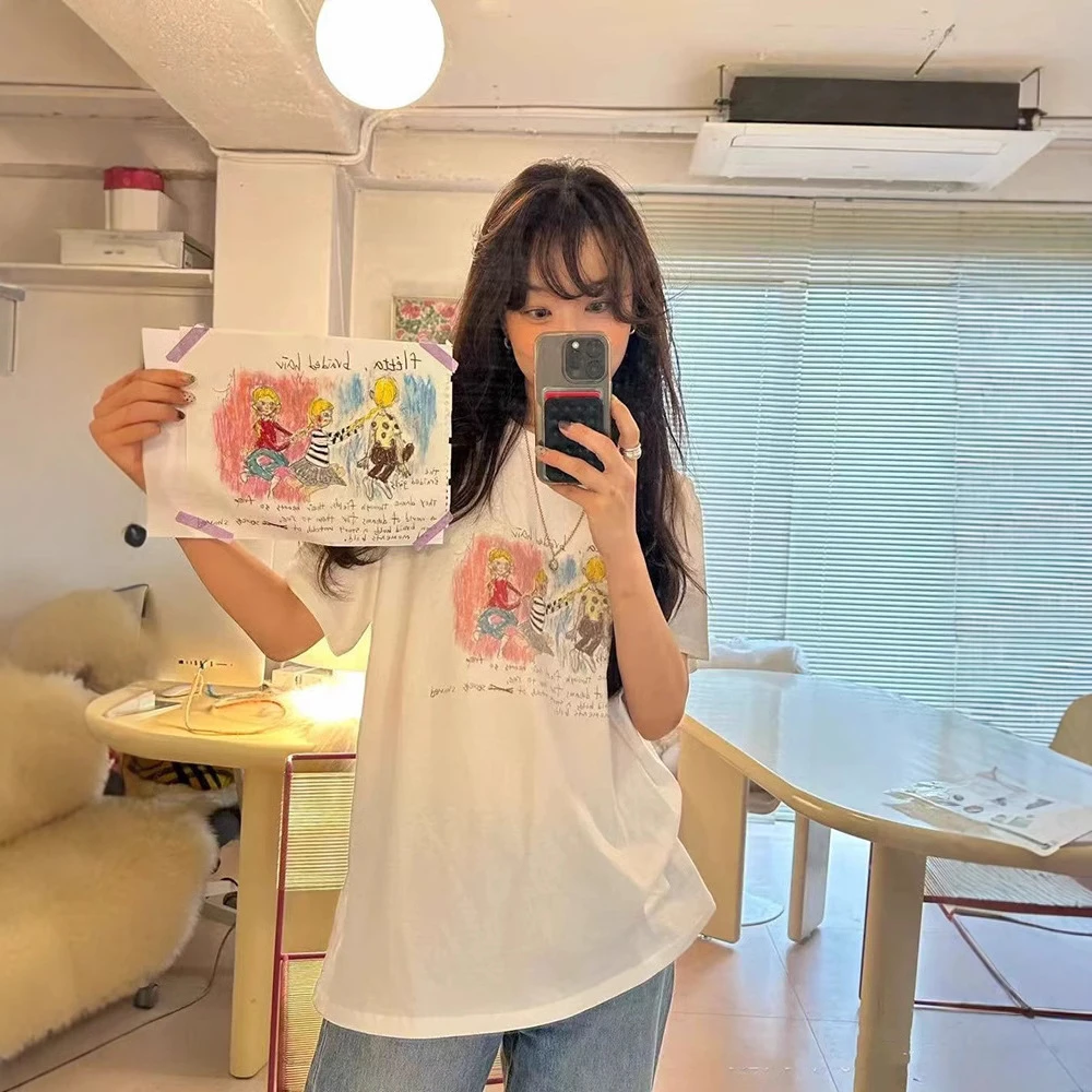 韩货-纯棉辫子女孩印花T恤2025夏季女宽松ins休闲短袖上衣flet*a