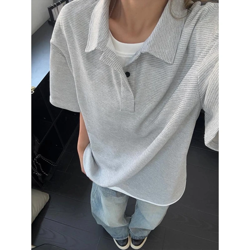 浅灰色假两件polo衫短袖男款翻领华夫格t恤美式cleanfit正肩半袖