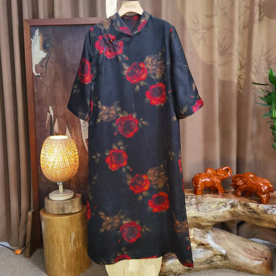 富美国风香云纱连衣裙F6331黑底玫瑰