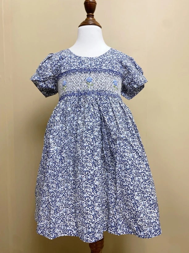 手工打揽碎花女孩连衣裙纯色可爱风夏季复古女印花泡泡袖宝宝